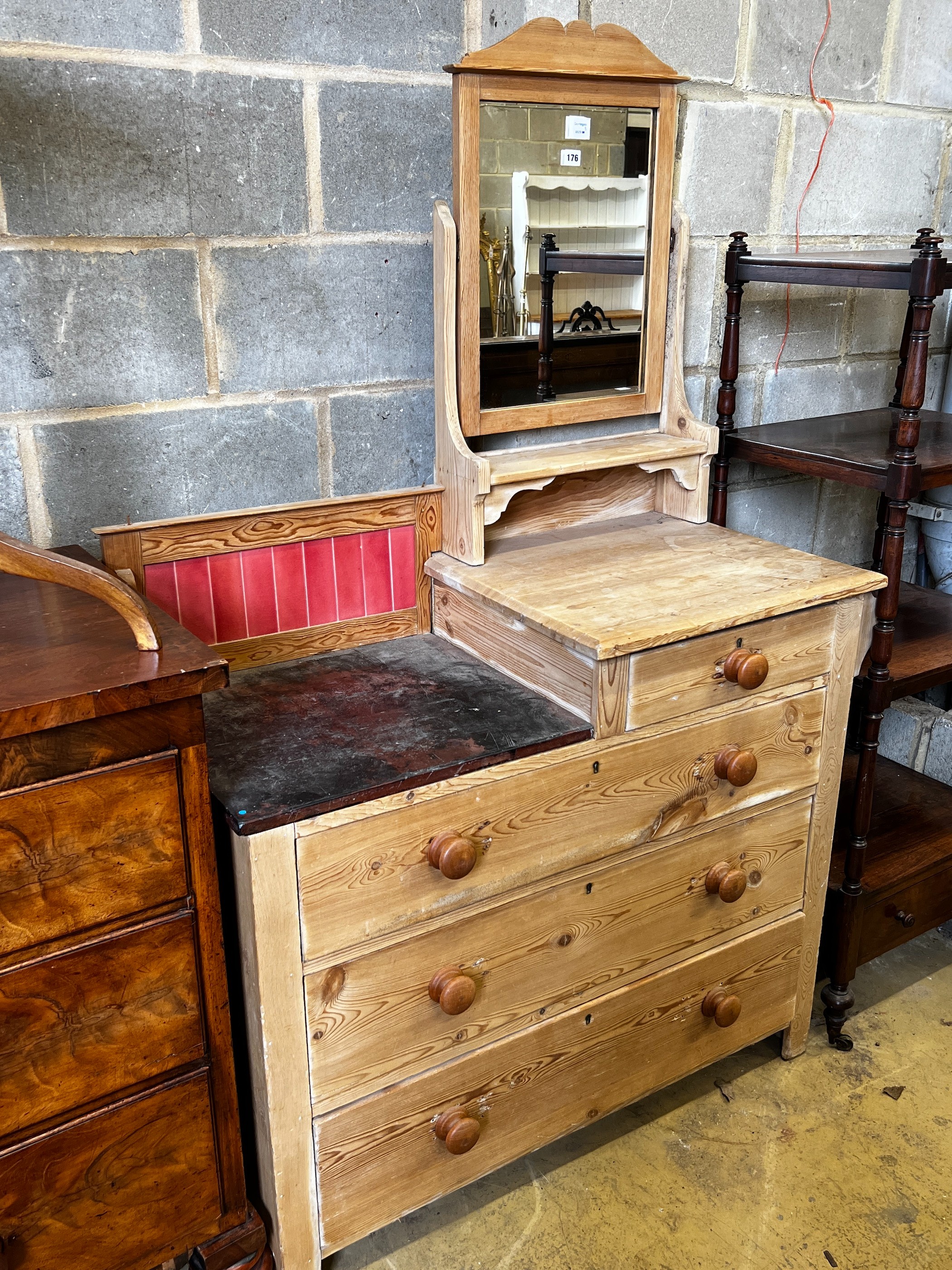 A late Victorian pine dressing chest, width 105cm, depth 48cm, height 165cm